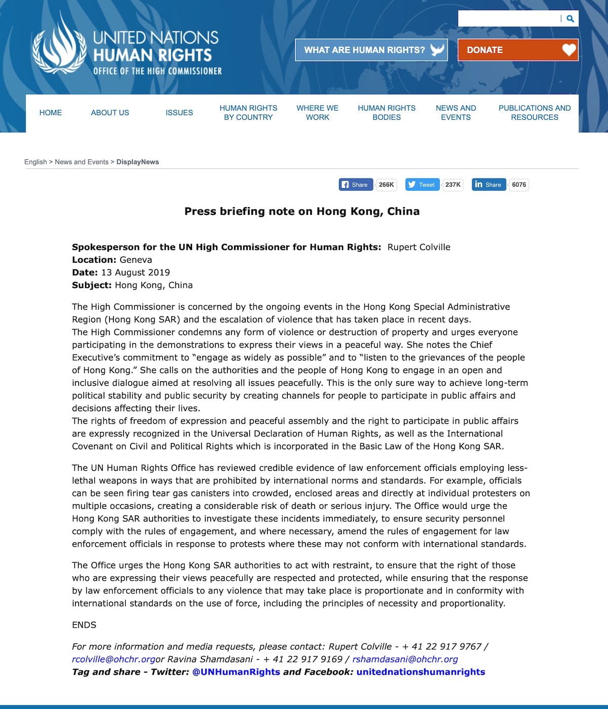 UN Human Rights Office Criticises HK Police