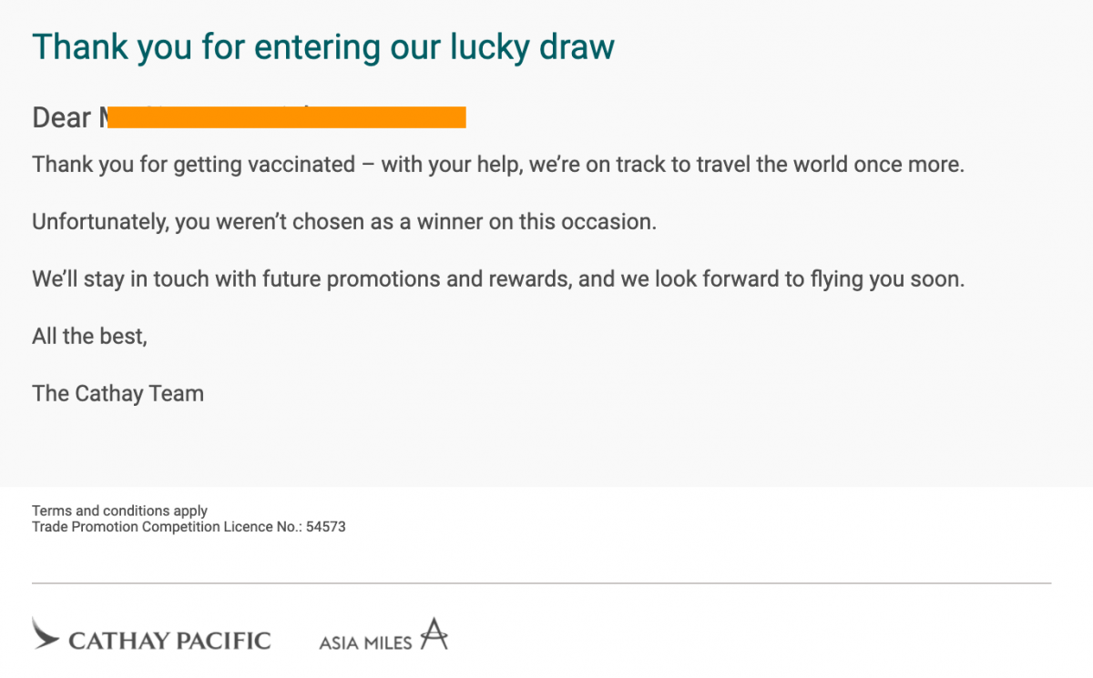 Cathay Pacific vaccine draw scam -29 September 2021