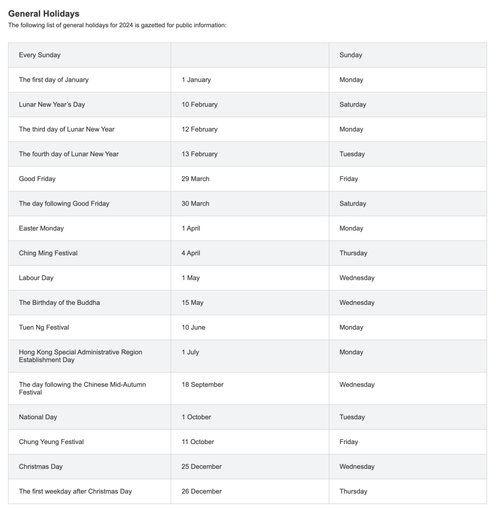 Hong Kong Public Holidays 2024